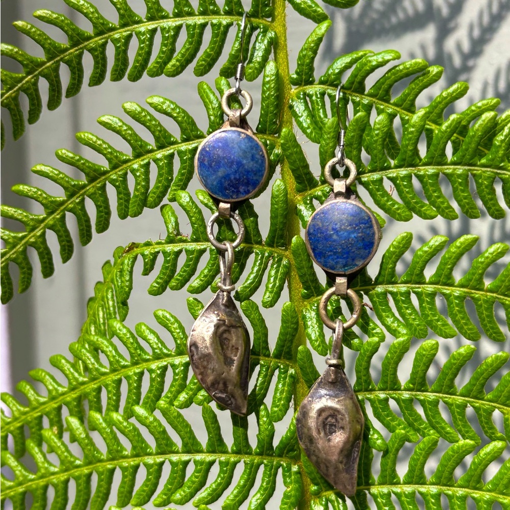 Handmade Vintage Stone Lapis and Mixed Metal Dangle Earrings